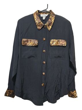 VTG Black Button Shirt Leopard Trim And Buttons Rayon Blend SZ 10